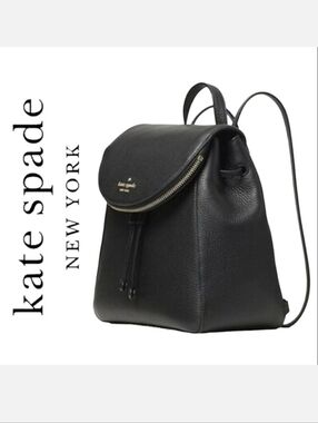 Kate Spade Leila Black Pebbled Leather Flap Backpack NWT